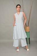 White-Blue Striped Halter Neck A-Line Dress