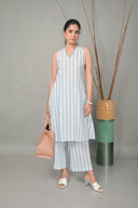 White-Blue Striped Cotton Flared Pants