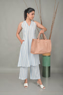 White-Blue Striped Halter Neck A-Line Dress