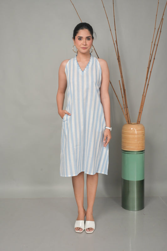 White-Blue Stripe Halter Neck Dress With Kantha Hand Embroidery Detailing