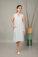 White-Blue Striped Halter Neck A-Line Dress