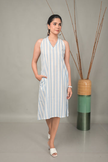 White-Blue Stripe Halter Neck Dress With Kantha Hand Embroidery Detailing