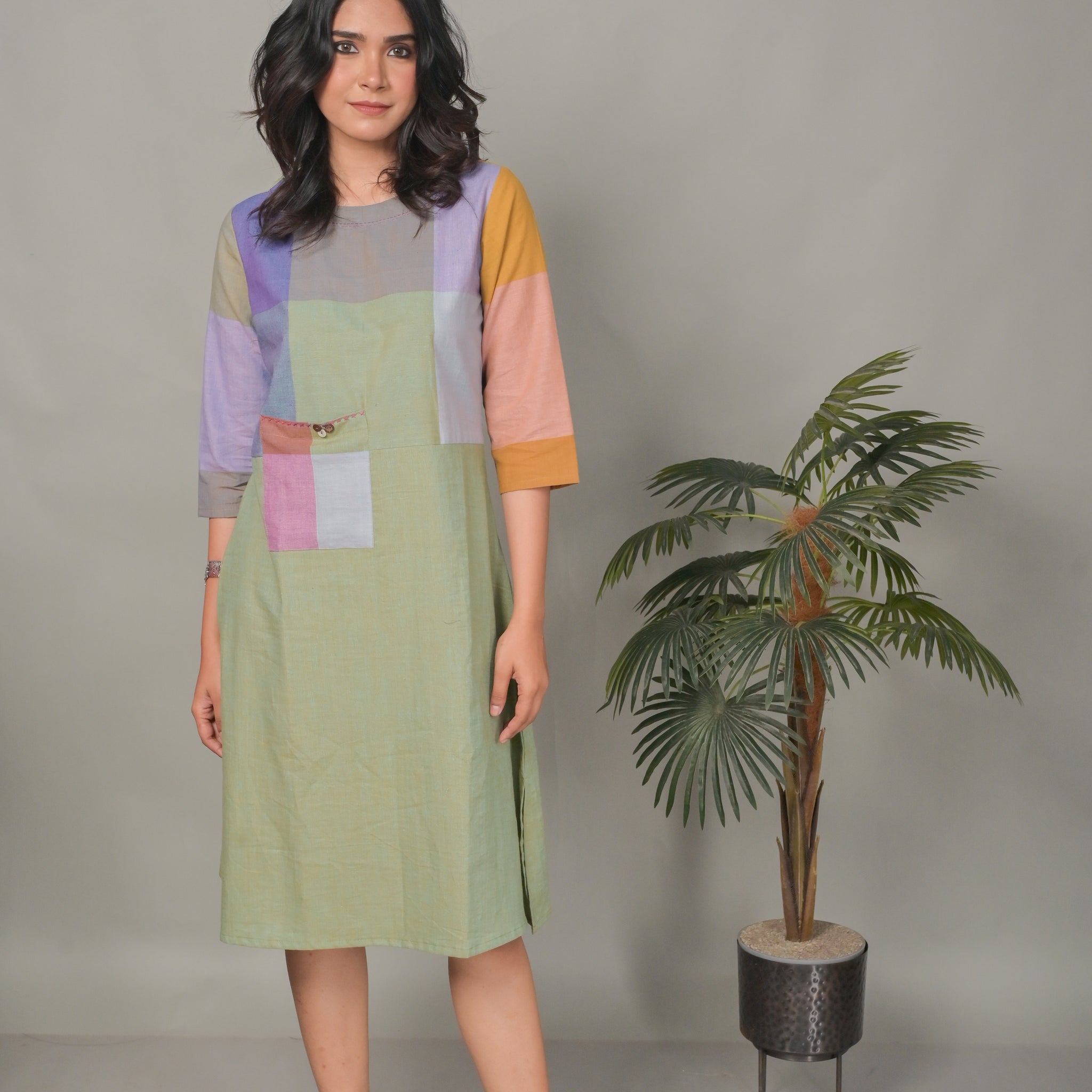 Pastel Green Handwoven Half & Half Dress with Hand Embroidery