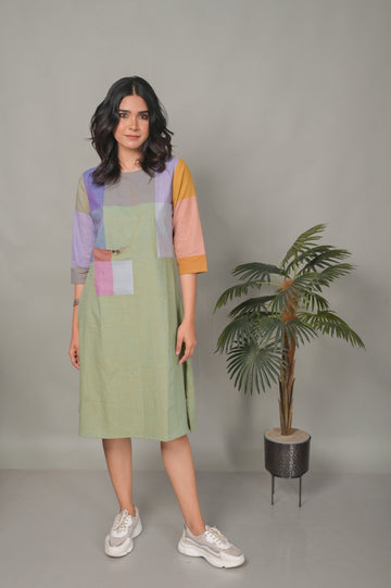 Pastel Green Handwoven Half & Half Dress with Hand Embroidery