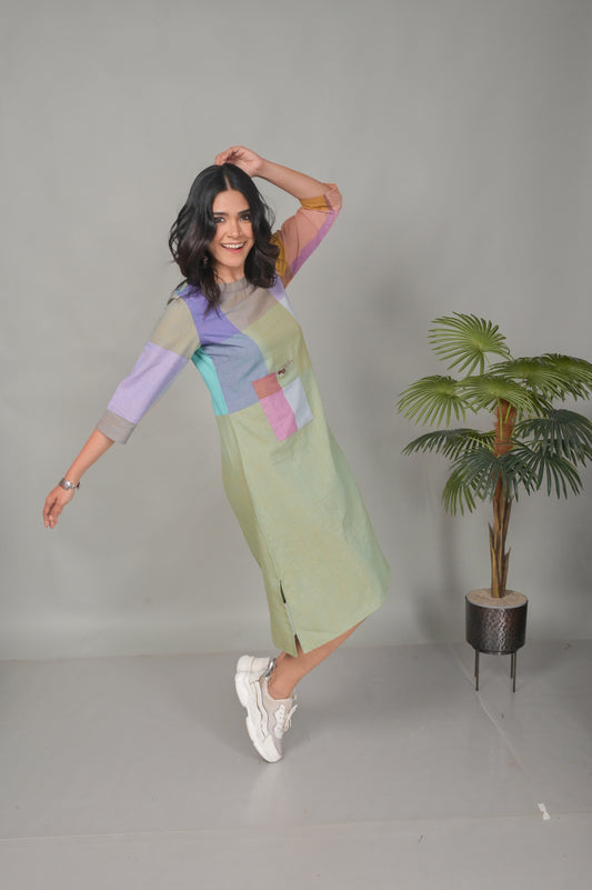 Pastel Green Handwoven Half & Half Dress with Hand Embroidery