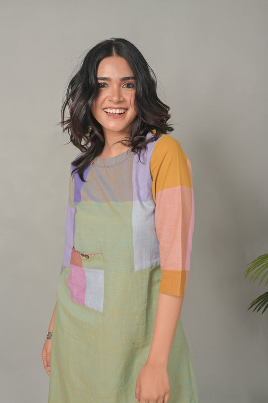 Pastel Green Handwoven Half & Half Dress with Hand Embroidery