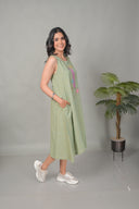 Pastel Green Hand Embroidered Handloom Cotton Sleeveless Dress
