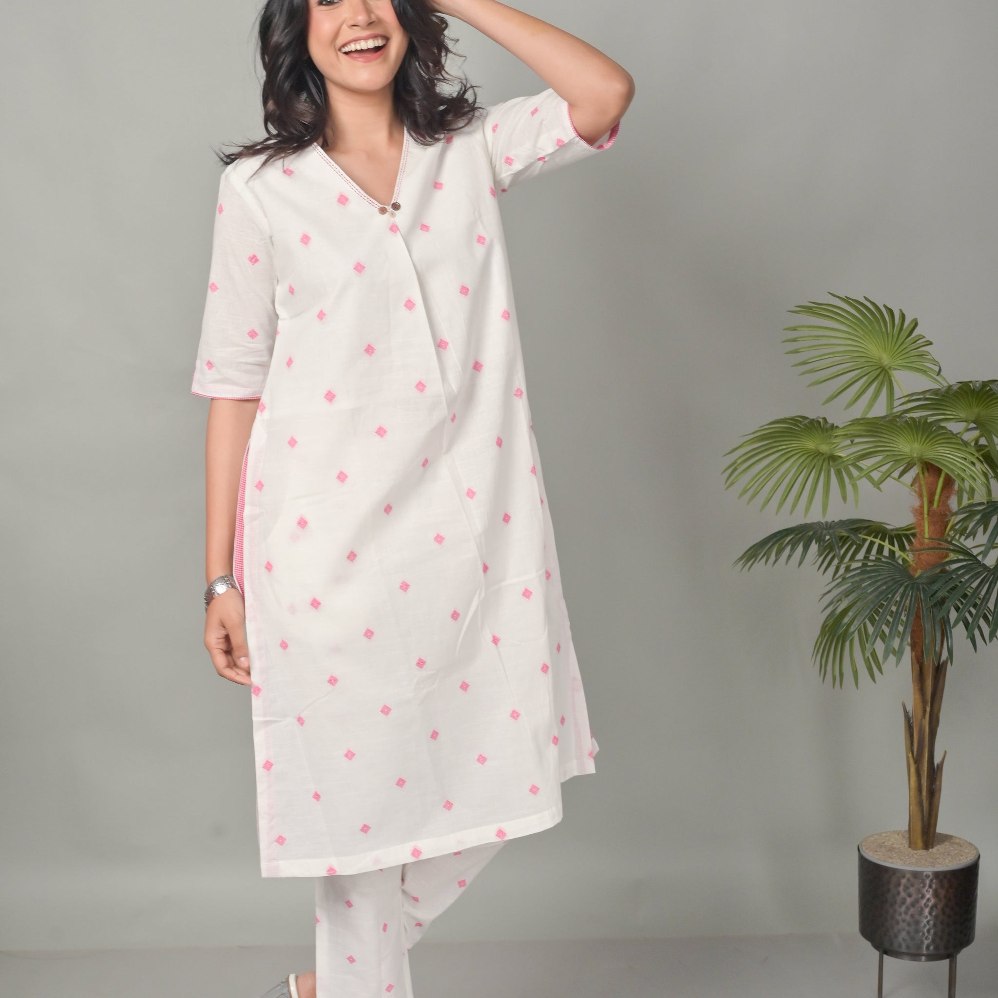 White With Pink Buti All Over Summer Coord Set With Kantha Hand Embroidery Detailing