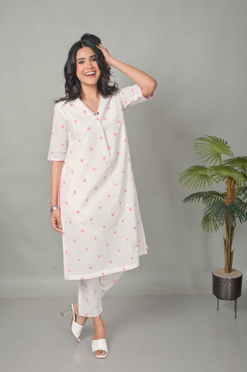 White With Pink Buti All Over Summer Coord Set With Kantha Hand Embroidery Detailing