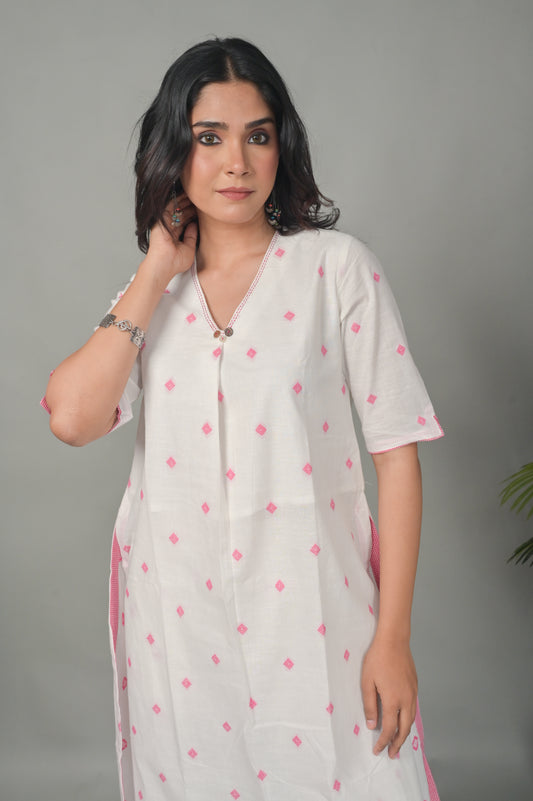 White With Pink Buti All Over Summer Coord Set With Kantha Hand Embroidery Detailing