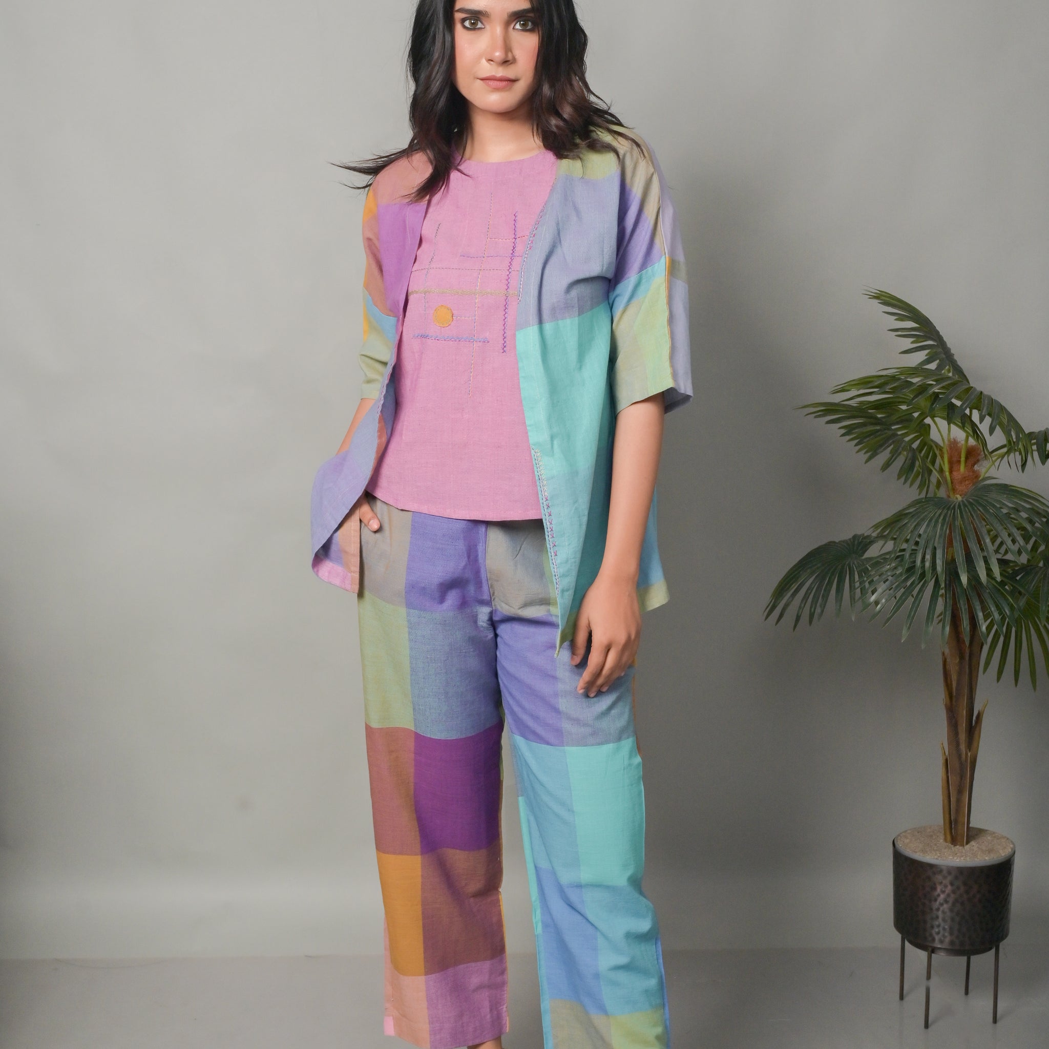 Pastel Pink Top with Purple-Blue Pastel Checks Jacket and Pants Co-ord Set (set of 3)