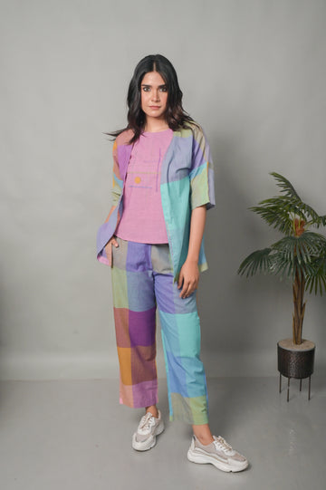 Pastel Pink Top with Purple-Blue Pastel Checks Jacket and Pants Co-ord Set (set of 3)