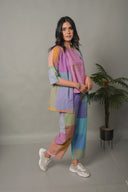 Purple-Blue Pastel Checks Hand Embroidered Handloom Cotton Co-ord Set (set of 3)