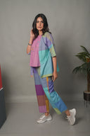 Purple-Blue Pastel Checks Hand Embroidered Handloom Cotton Co-ord Set (set of 3)
