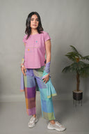 Purple-Blue Pastel Checks Hand Embroidered Handloom Cotton Co-ord Set (set of 3)