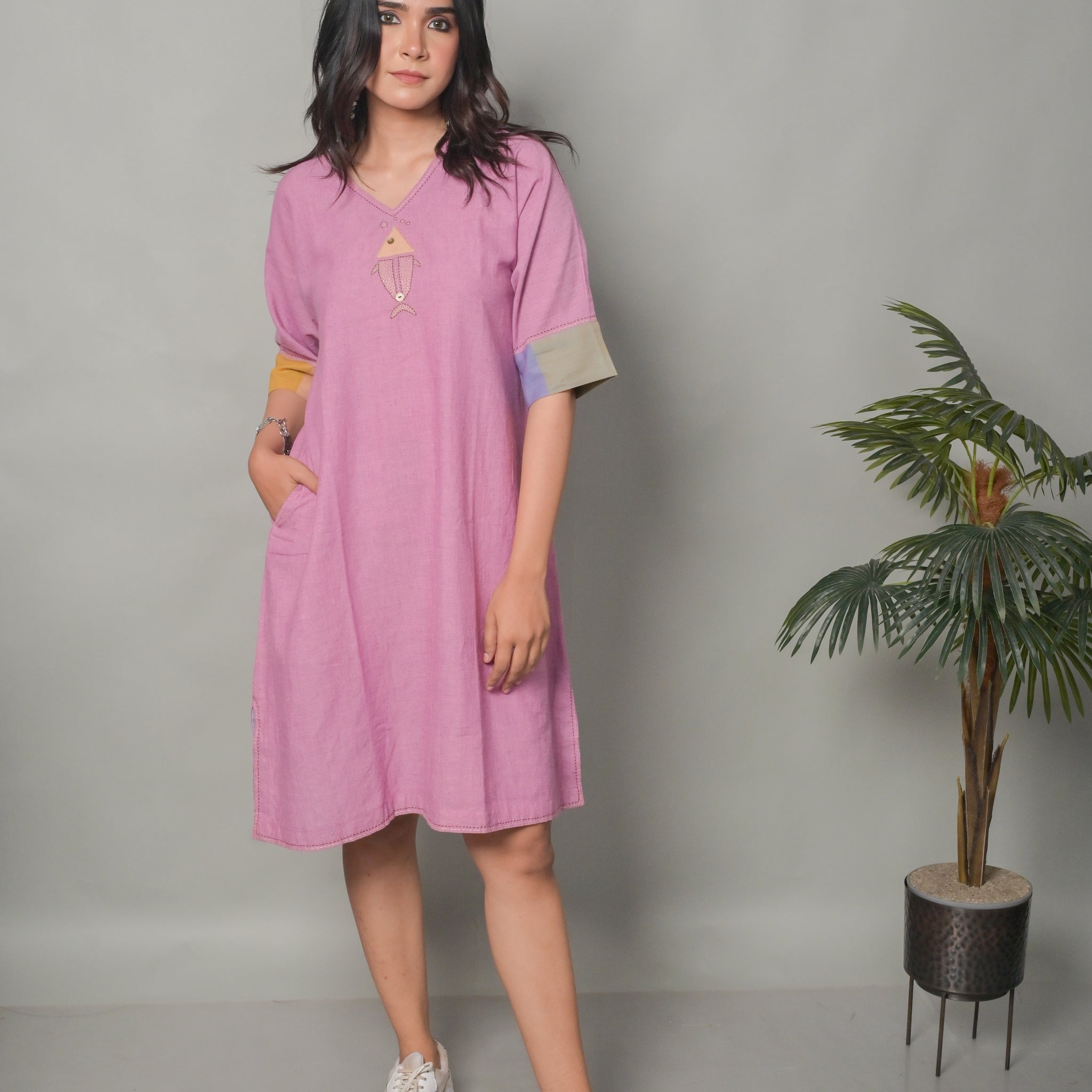 Pastel Pink Handwoven with Hand Embroidery Detailing &  Fish Patchwork Anti-fit Dress