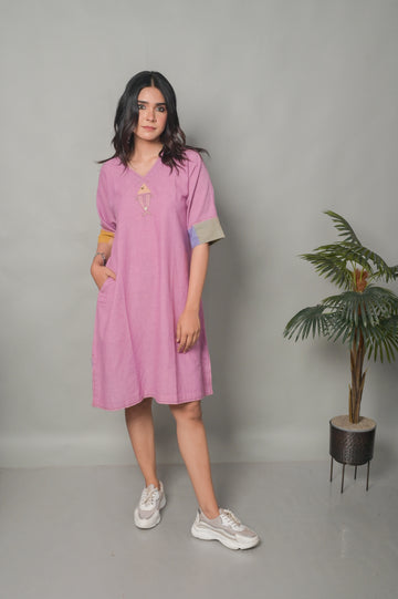 Pastel Pink Handwoven with Hand Embroidery Detailing &  Fish Patchwork Anti-fit Dress