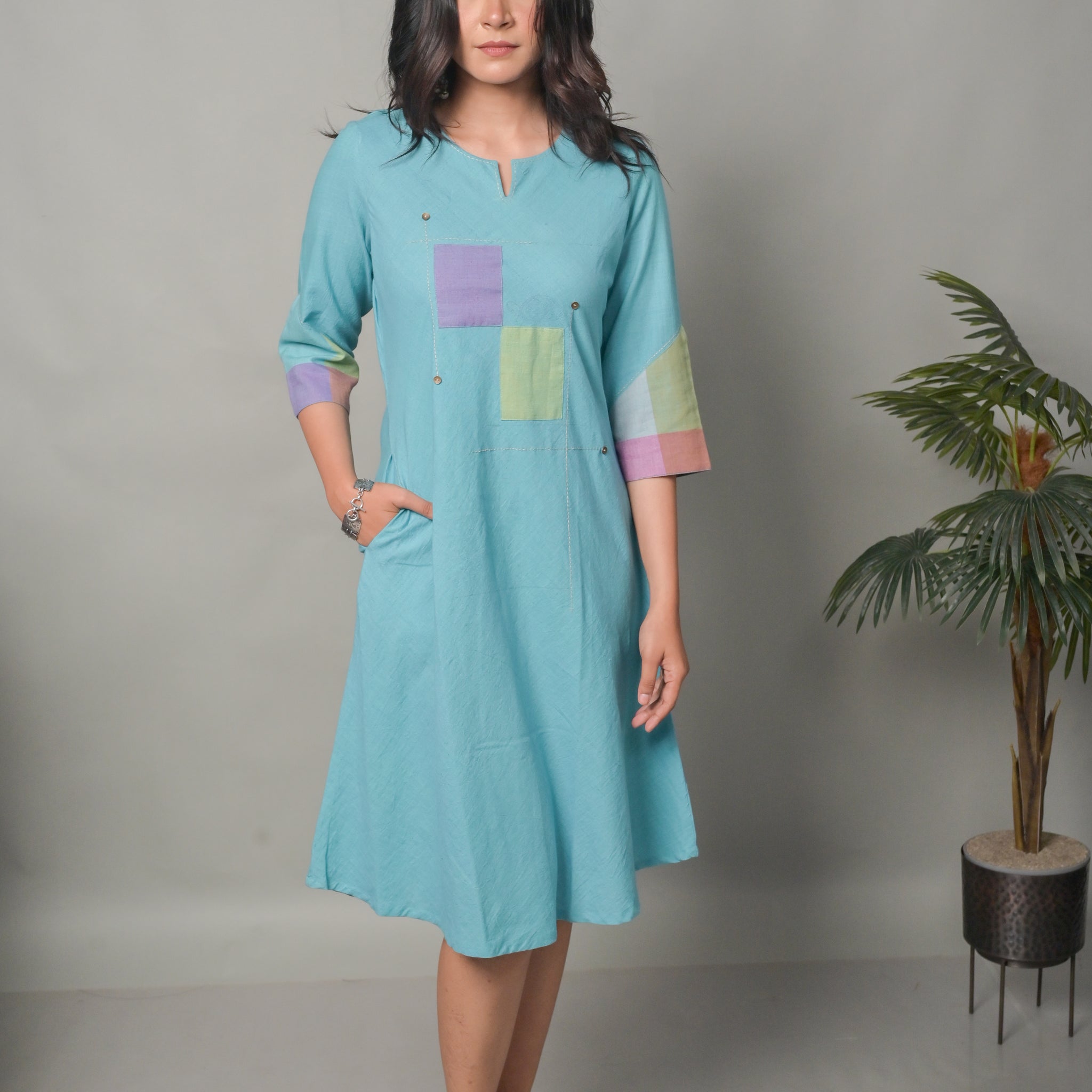 Pastel Blue Handwoven A-line Bias Dress with Hand Embroidery Detailing