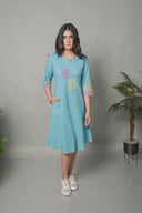 Pastel Blue Hand Embroidered Handloom Cotton Bias Dress