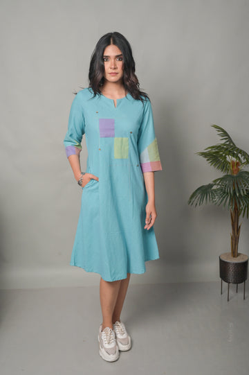Pastel Blue Handwoven A-line Bias Dress with Hand Embroidery Detailing