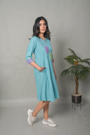 Pastel Blue Hand Embroidered Handloom Cotton Bias Dress