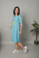 Pastel Blue Hand Embroidered Handloom Cotton Bias Dress