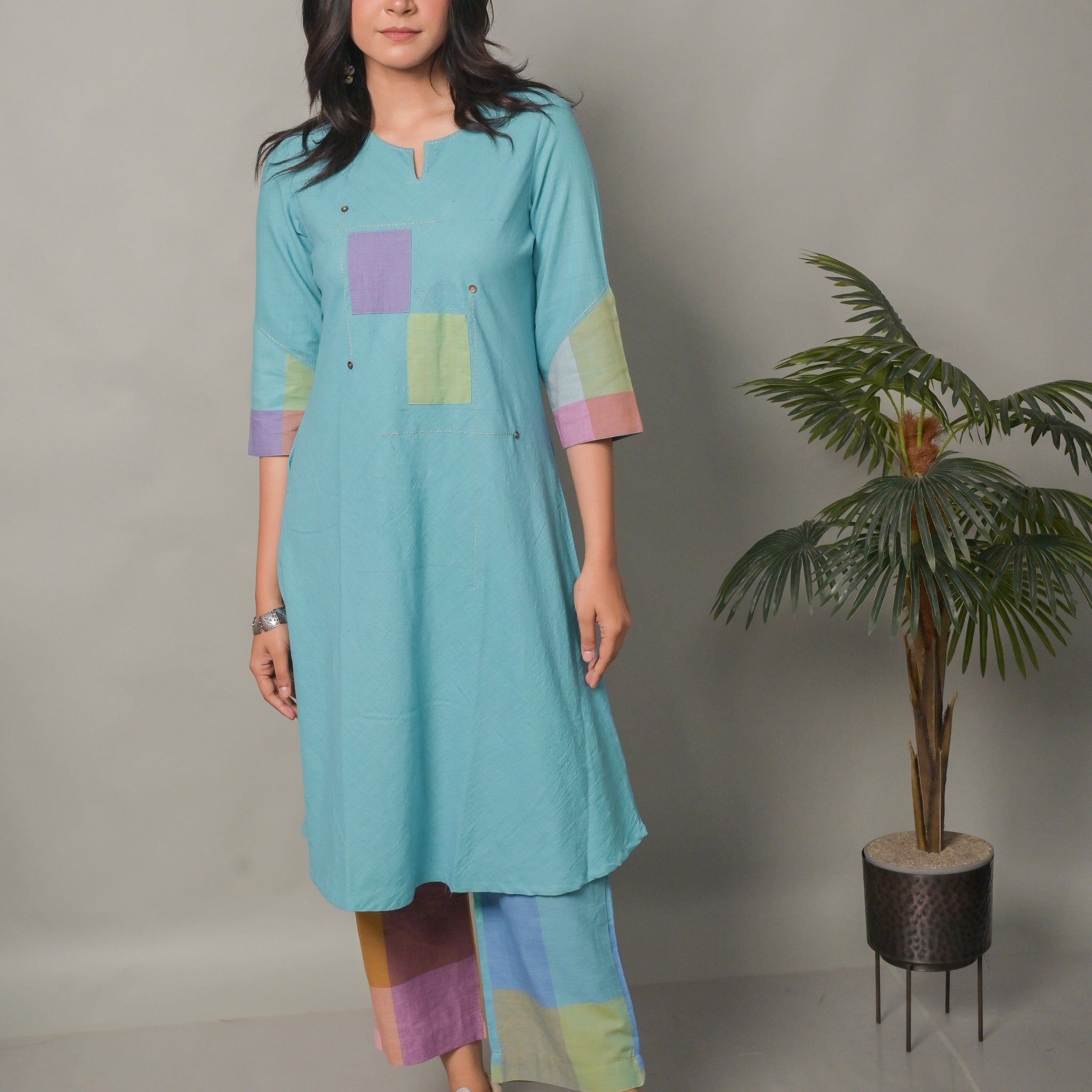 Pastel Blue Kantha Handwoven Co-ord Set (Set of 2)