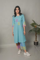 Pastel Blue Hand Embroidered Handloom Cotton Bias Kurta Set (set of 2)