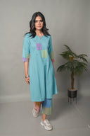 Pastel Blue Hand Embroidered Handloom Cotton Bias Kurta Set (set of 2)