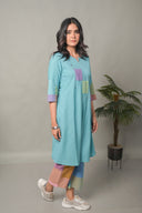 Pastel Blue Hand Embroidered Handloom Cotton Bias Kurta Set (set of 2)