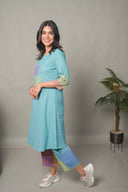 Pastel Blue Hand Embroidered Handloom Cotton Bias Kurta Set (set of 2)