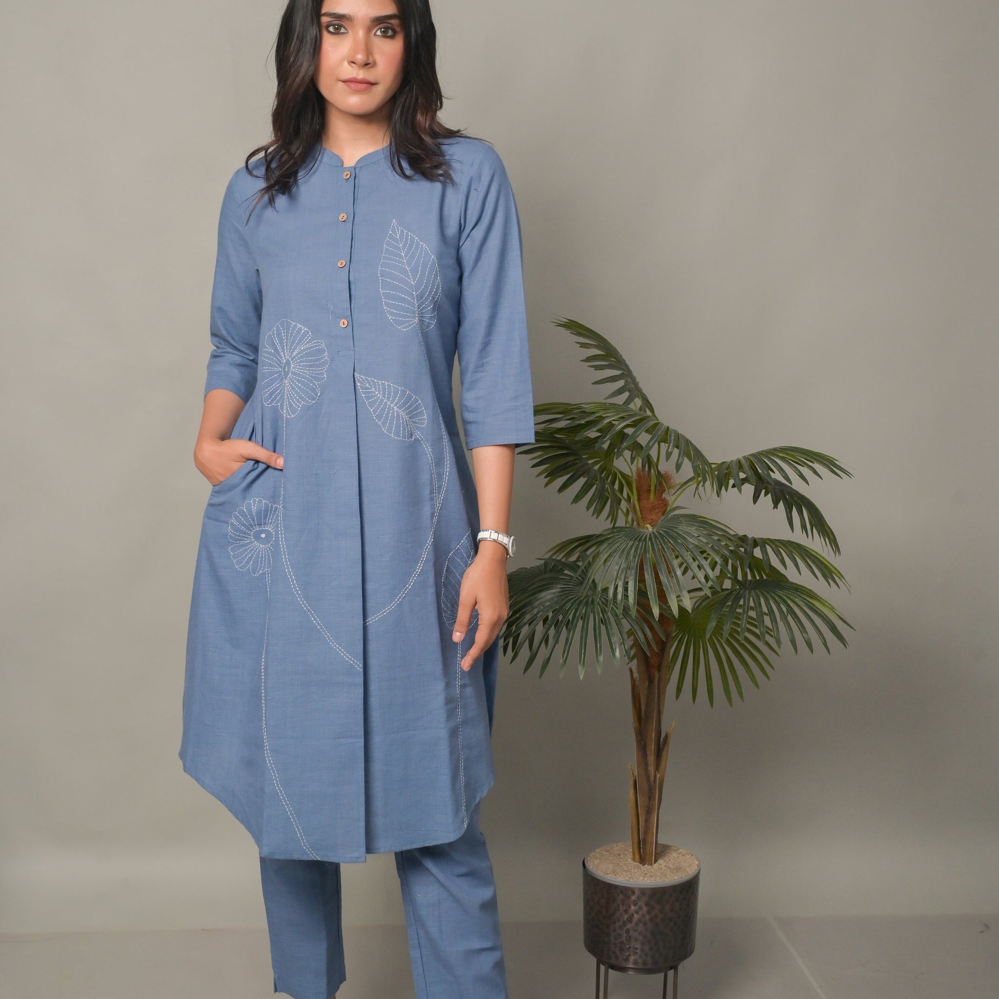 Sea Blue A-Line Kurta with Floral Motifs and Sea Blue Cotton Pants Co-ord Set (set of 2)