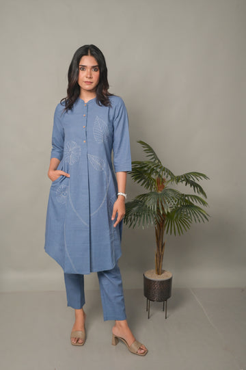 Sea Blue A-Line Kurta with Floral Motifs and Sea Blue Cotton Pants Co-ord Set (set of 2)