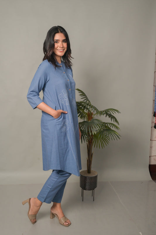Sea Blue A-Line Kurta with Floral Motifs and Sea Blue Cotton Pants Co-ord Set (set of 2)