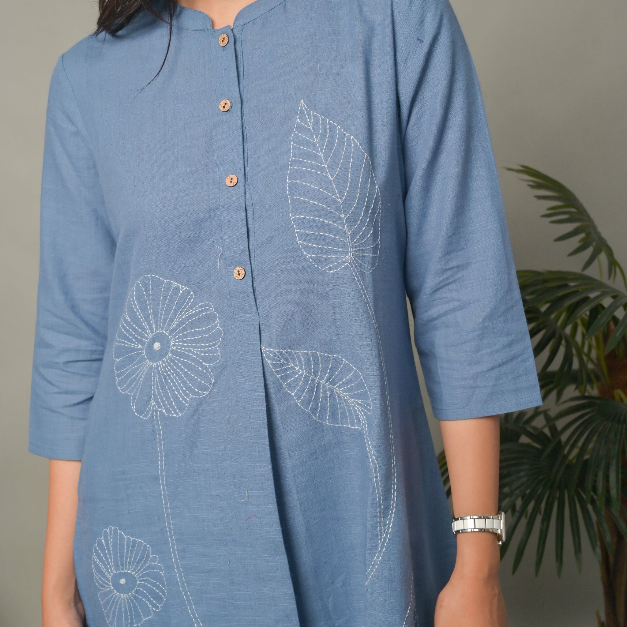 Sea Blue A-Line Kurta with Floral Motifs and Sea Blue Cotton Pants Co-ord Set (set of 2)
