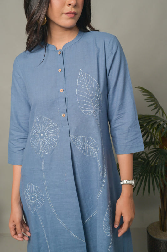 Sea Blue A-Line Co-ord set with Floral Motifs (Set of 2)