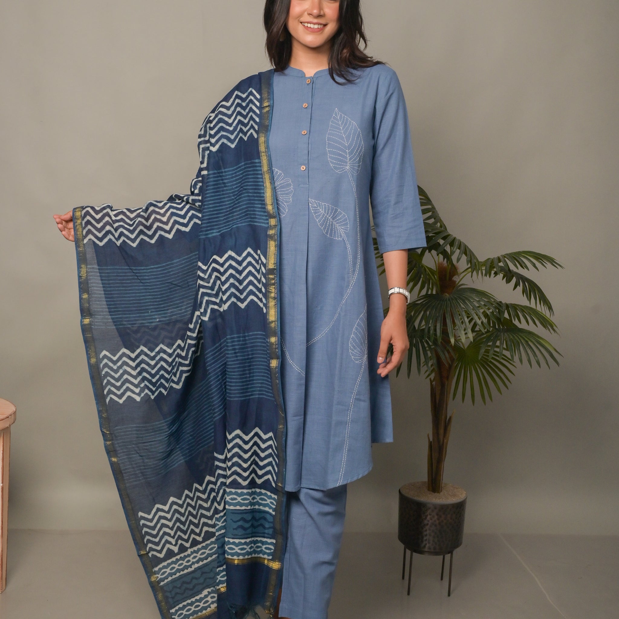 Sea Blue A-Line Co-ord set with Floral Motifs (Set of 2)