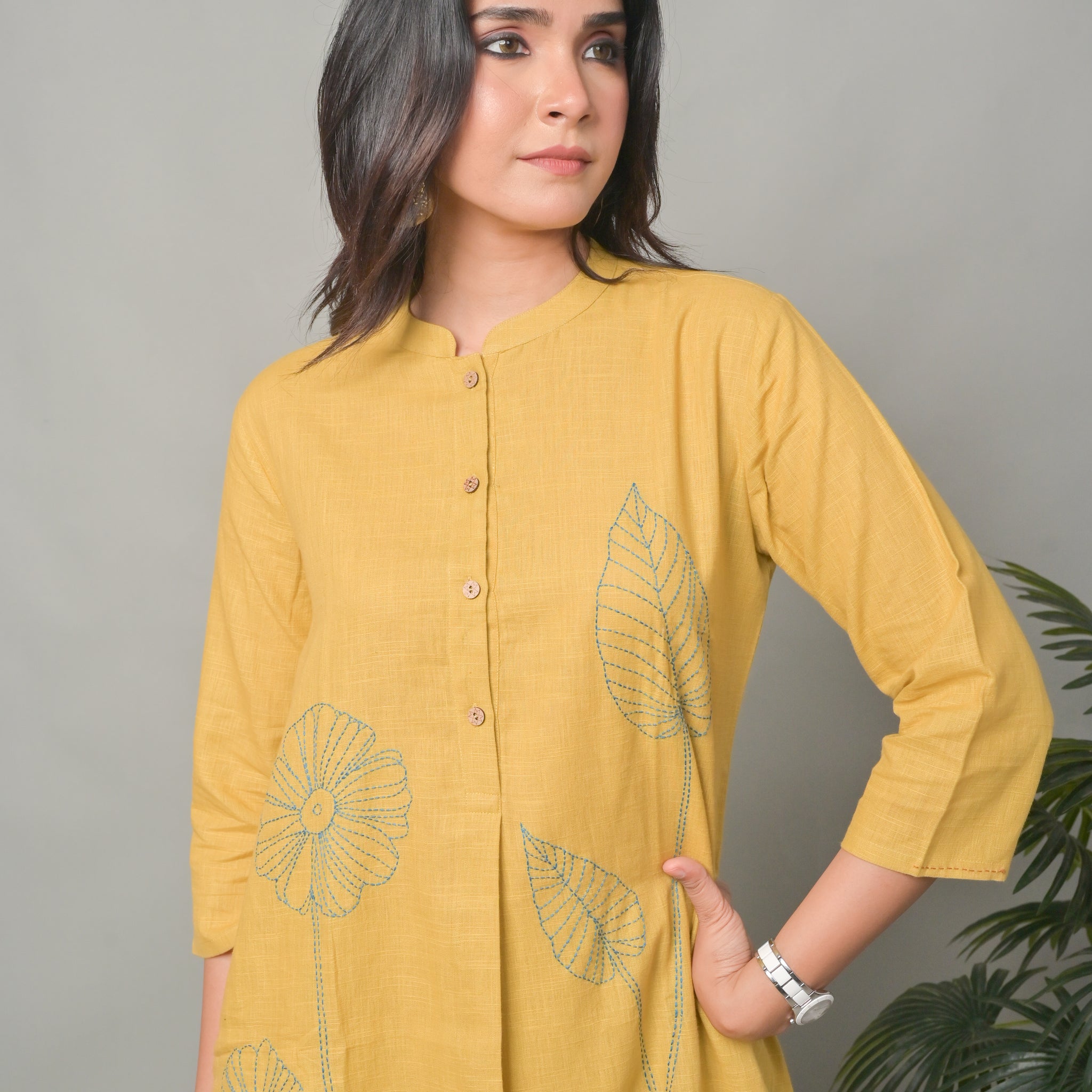 Mustard A-Line Co-ord set with Floral Motifs (Set of 2)