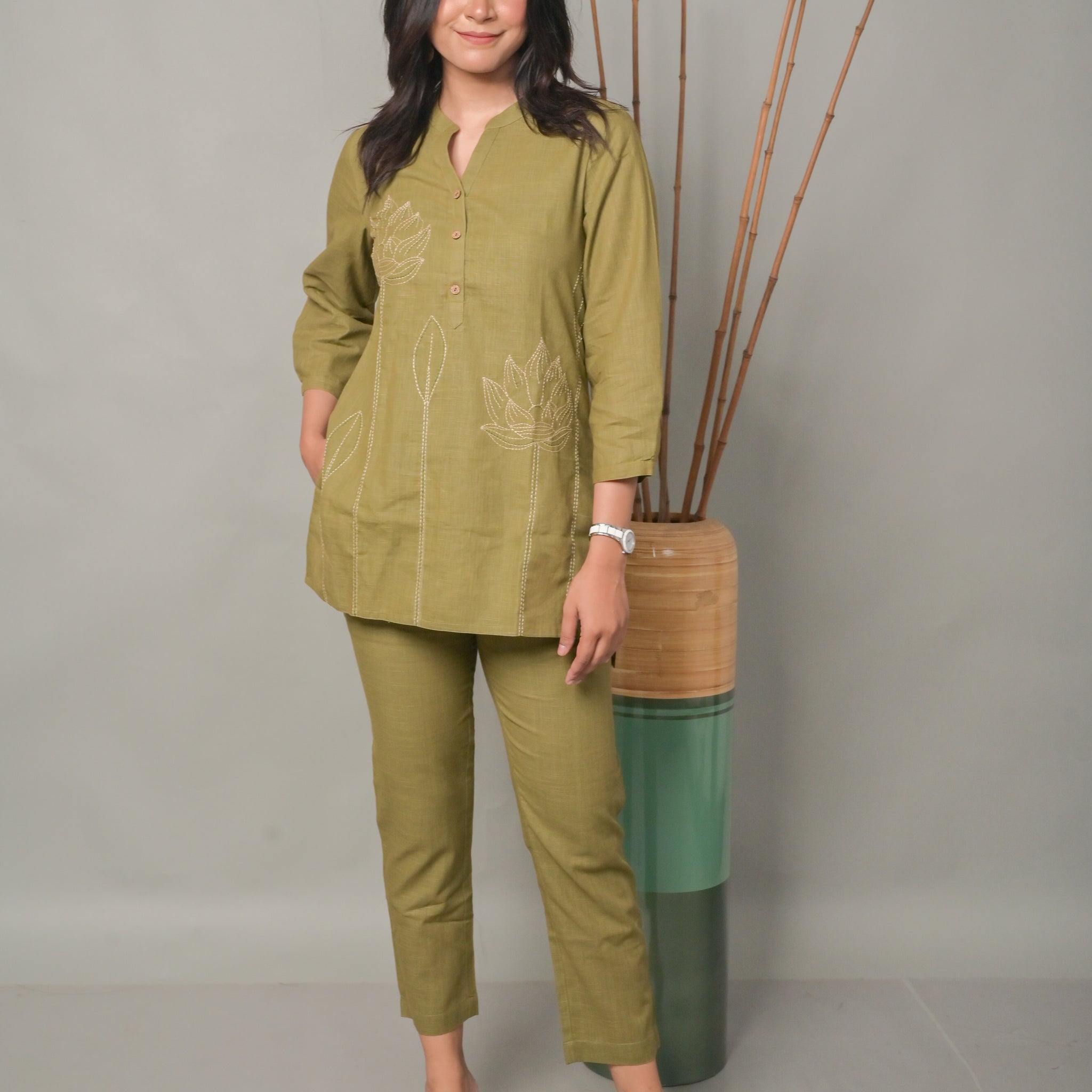 Olive Mineral Body Co-ord set with Floral Motifs (Set of 2)