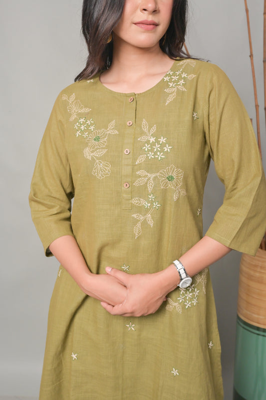Olive A-line Co-ord set with Floral Hand Embroidery Detailing  (Set of 2)