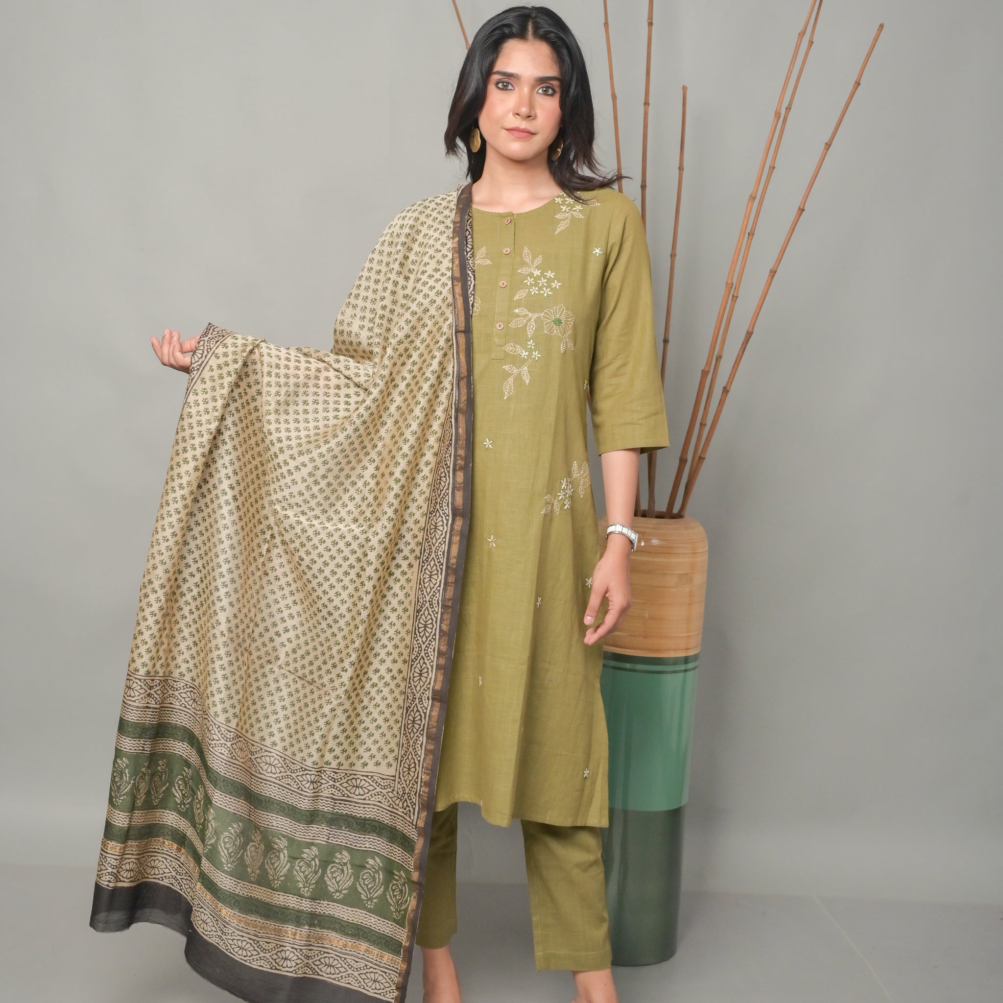 Olive A-line Co-ord set with Floral Hand Embroidery Detailing  (Set of 2)