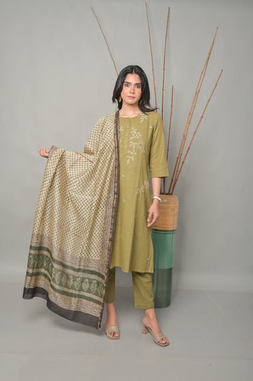 Olive A-line Co-ord set with Floral Hand Embroidery Detailing  (Set of 2)