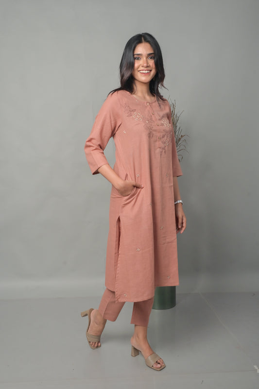 Dusty Pink A-line Co-ord Set with Floral Hand Embroidery (set of 2)