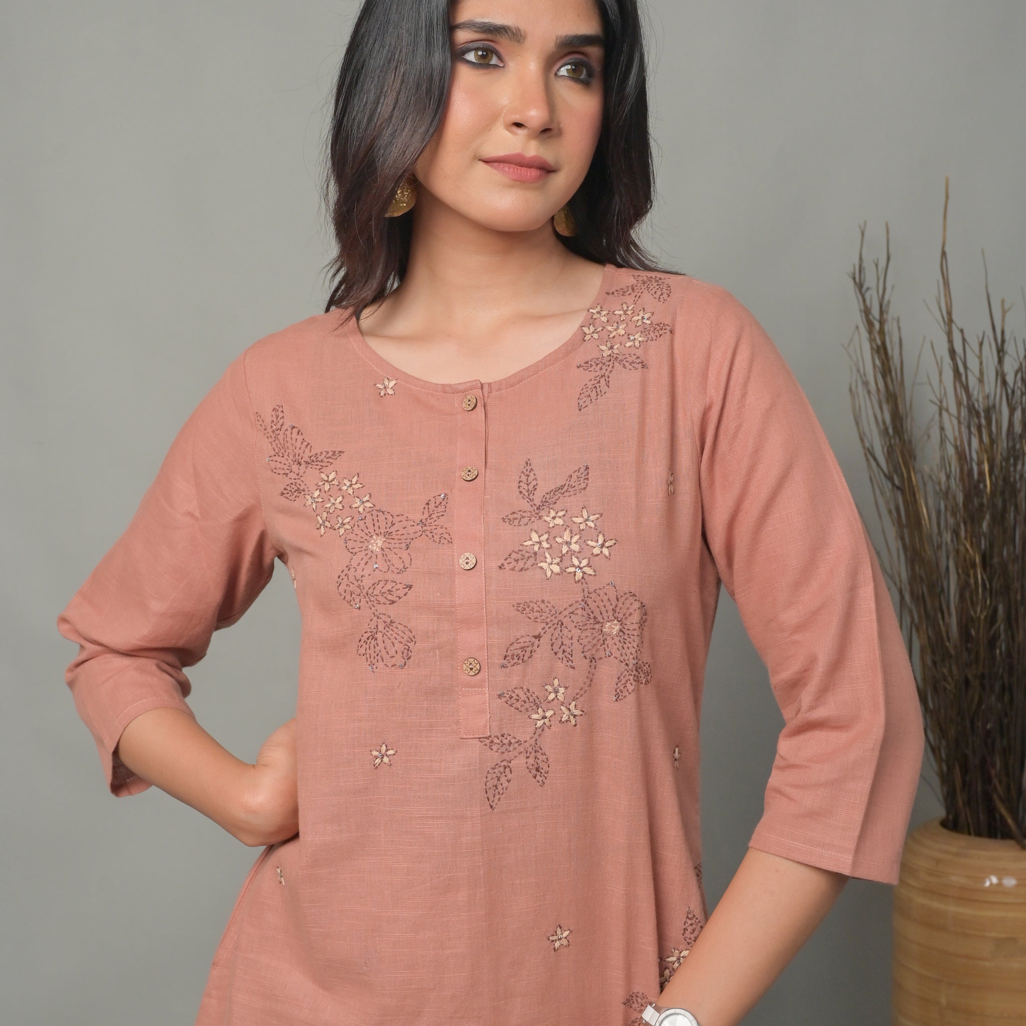 Dusty Pink A-line Co-ord Set with Floral Hand Embroidery (set of 2)