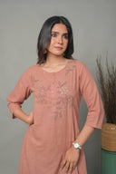 Dusty Pink Hand Embroidered Cotton A-Line Kurta Set (set of 2)