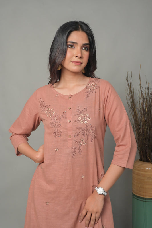 Dusty Pink A-line Co-ord set with Floral Hand Embroidery Detailing (Set of 2)