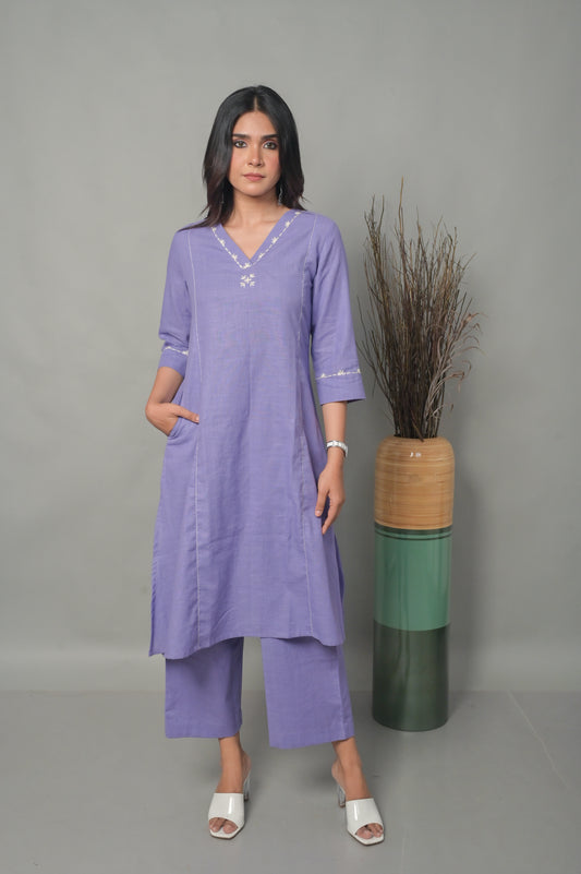 Lavender A-Line Kurta with Neck Detailing