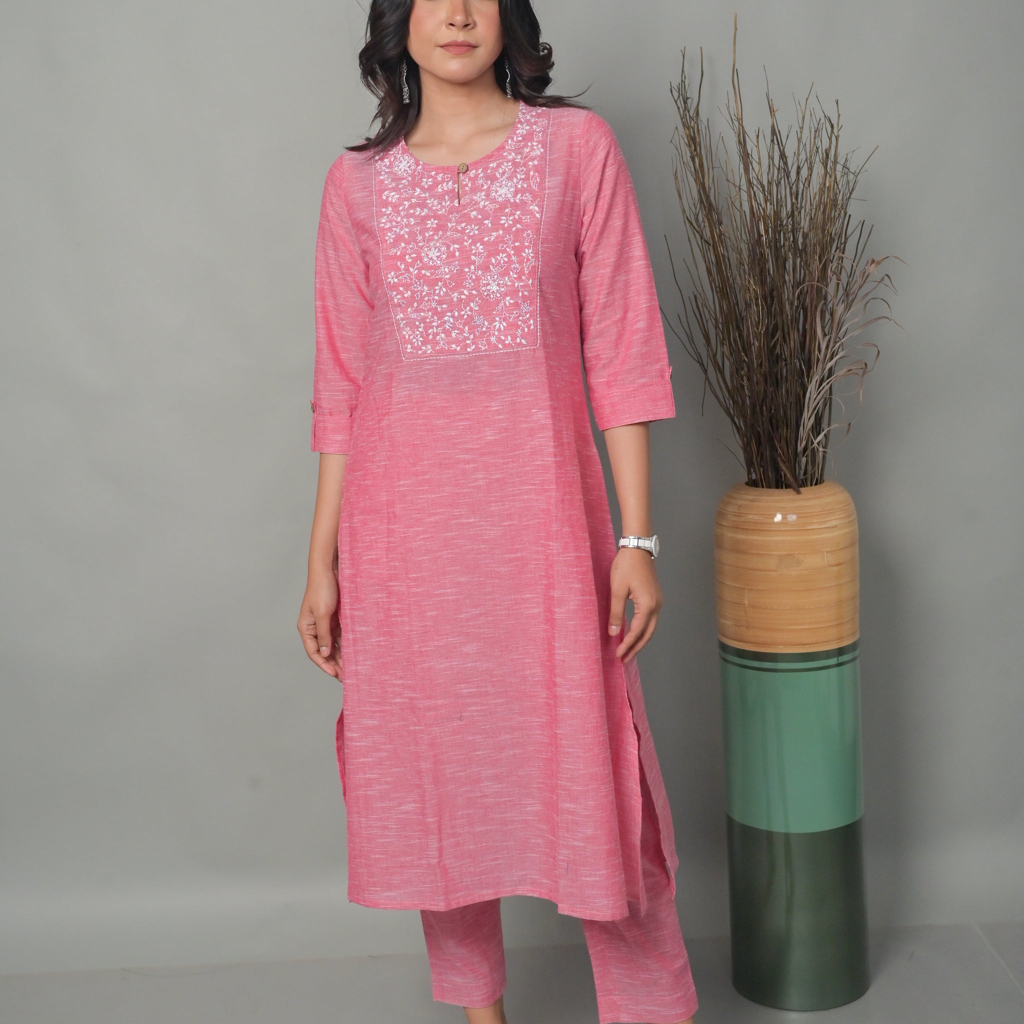 Pink A-Line Kurta with Floral Hand Embroidery Detailing