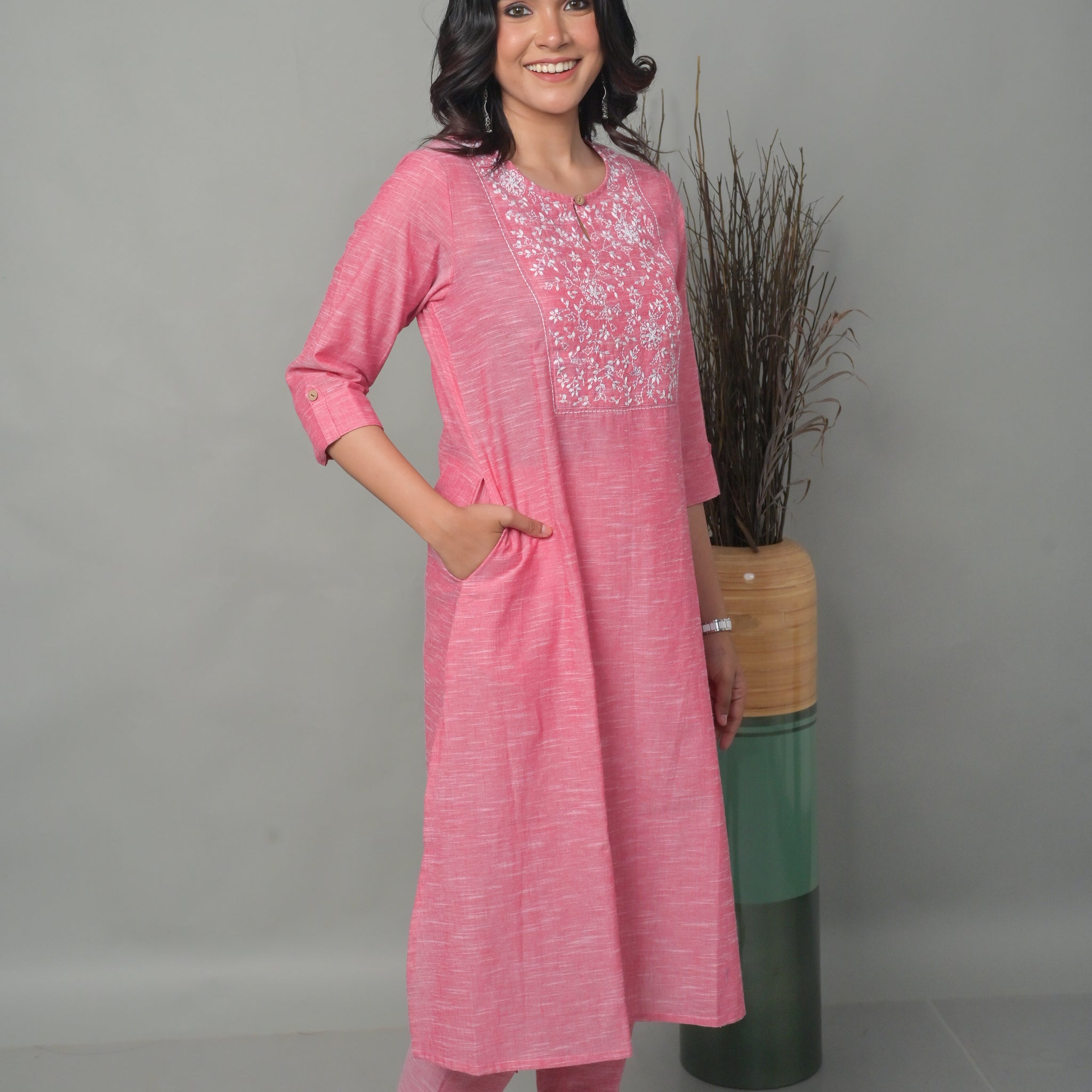 A-line Floral with Hand Embroidery Detailing – Pink co-ord (Set of 2)