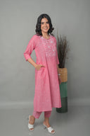 Pink Floral Hand Embroidered A-Line Kurta